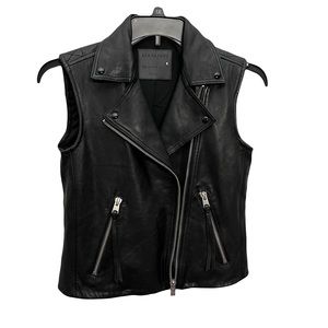 All Saints Womens Dalby Slim Fit Leather Biker Jacket Size 6 Black Sleeveless